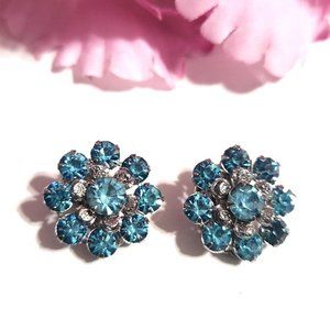 Vintage Ice Blue/Crystal Rhinestone Cluster Clip On Earrings